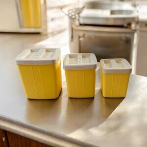 MCM Plastic Canister Set Mid Century Coffee Sugar Tea Yellow 3 Pc Nesting